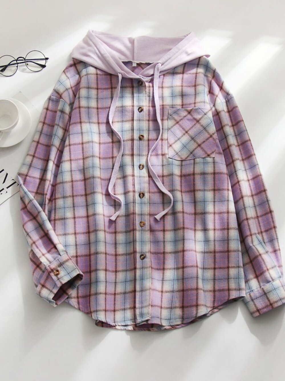 Women's Purple Plaid Hooded Pullover Shirt Casual Long Sleeve Top